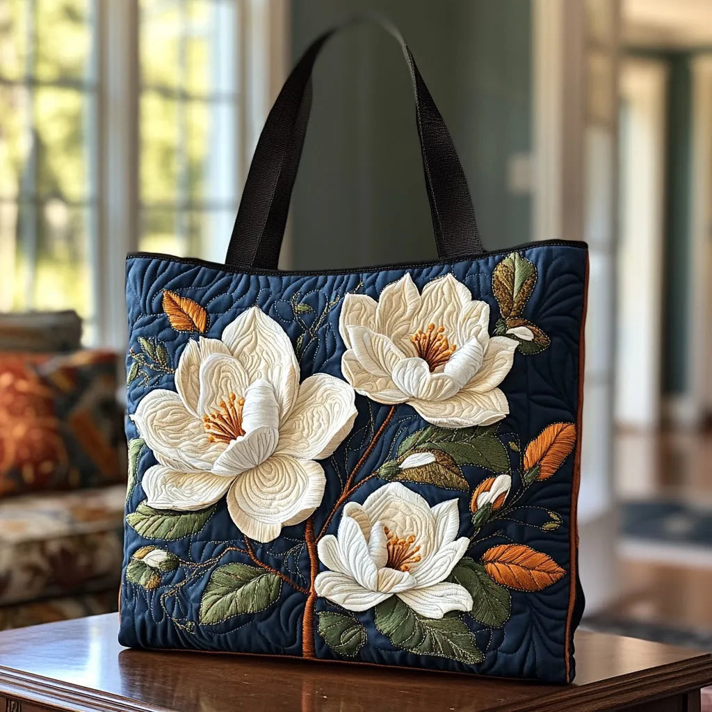 Embroidered Vintage Bag "Magnolias at Dusk" — Navy Blue