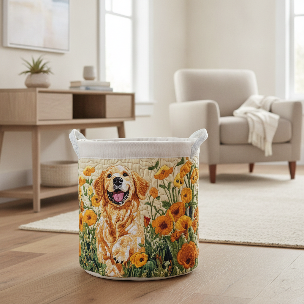 Happy Golden Pup Laundry Basket