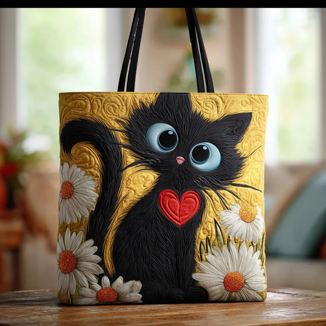Embroidered Vintage Bag "Black Cat with Heart" — Daisies