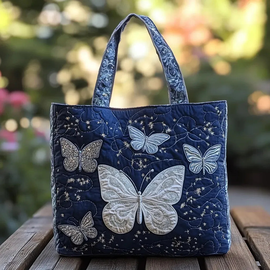 Embroidered Vintage Bag "White Butterflies" — Navy Blue