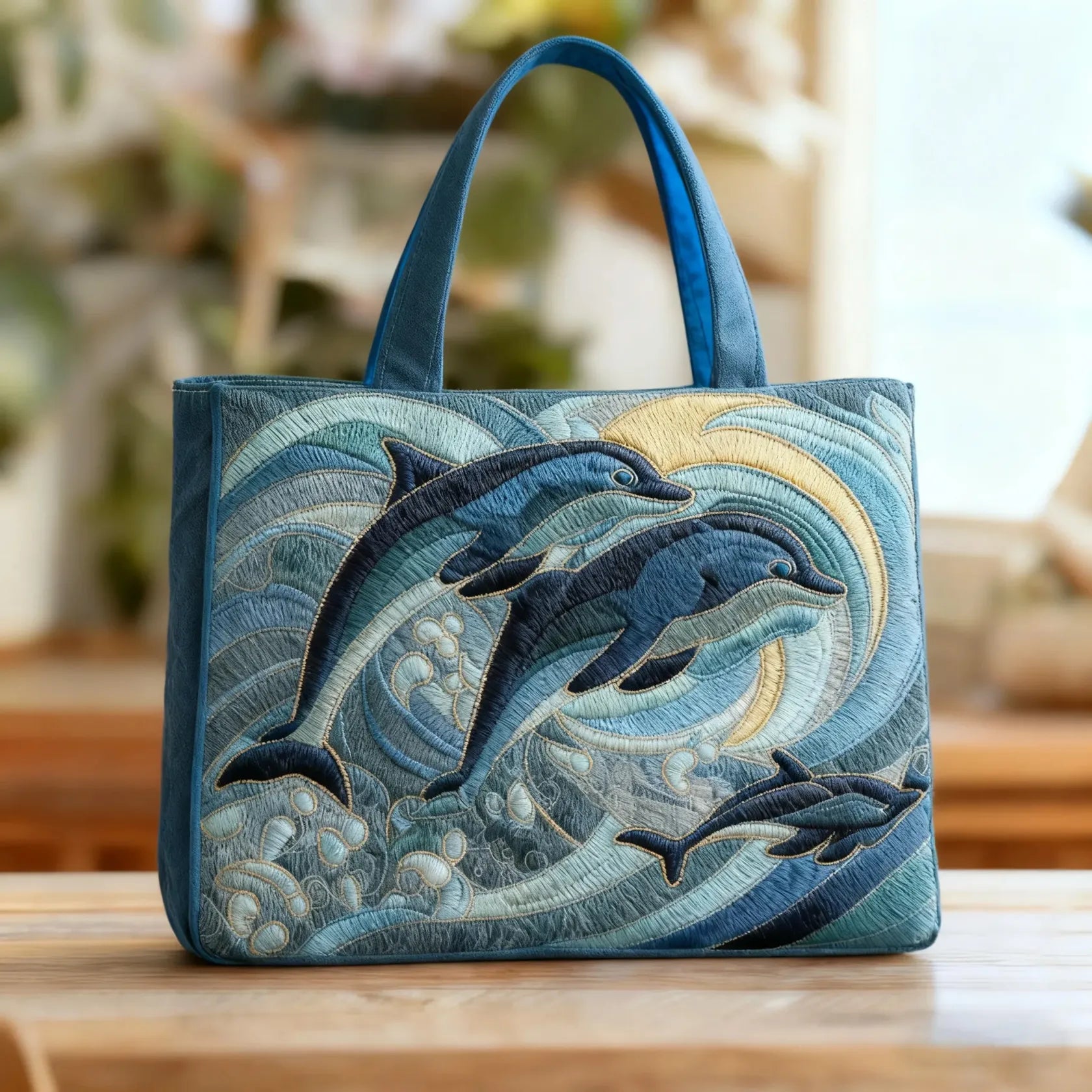 Embroidered Vintage Bag "Dolphins in Waves" — Marine
