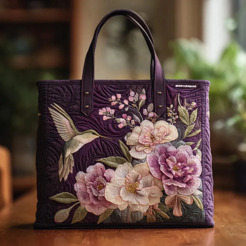 Embroidered Vintage Bag "Hummingbird and Peonies" — Burgundy