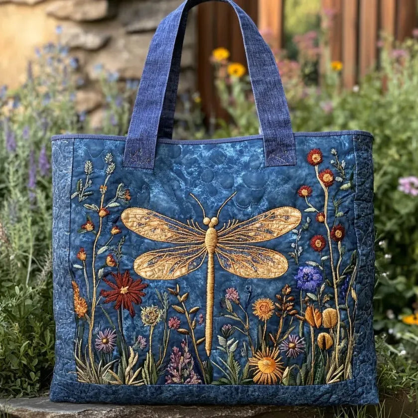 Embroidered Vintage Bag "Dragonfly in the Meadow" — Navy Blue