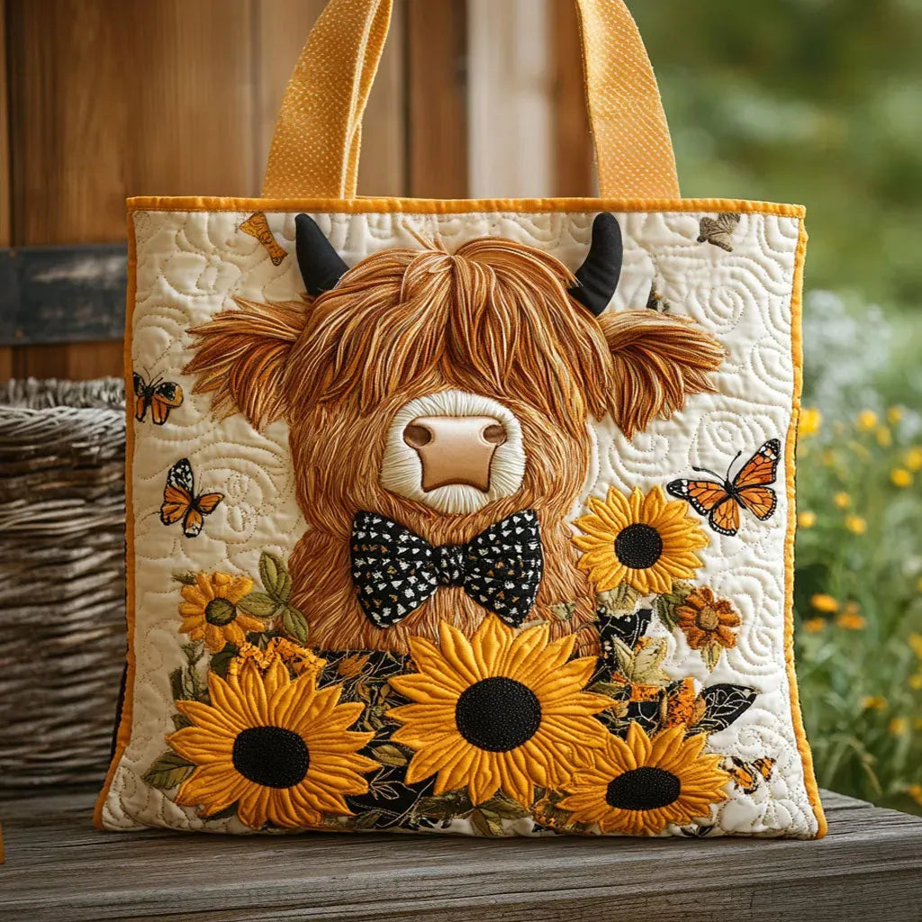 Embroidered Vintage Bag "Scottish Cow and Sunflowers" — Rustic