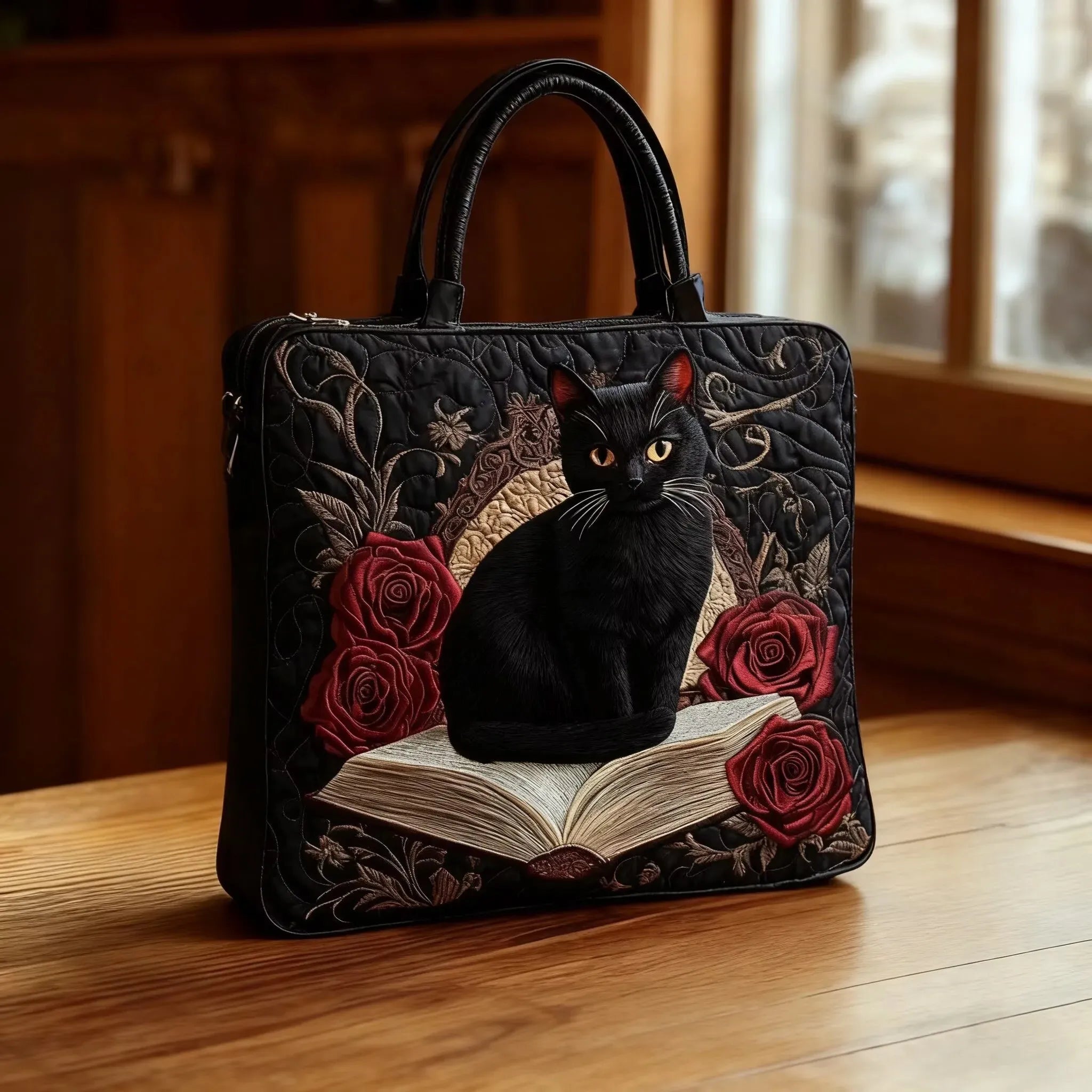 Embroidered Vintage Bag "Black Cat, Book, and Roses" — Gothic