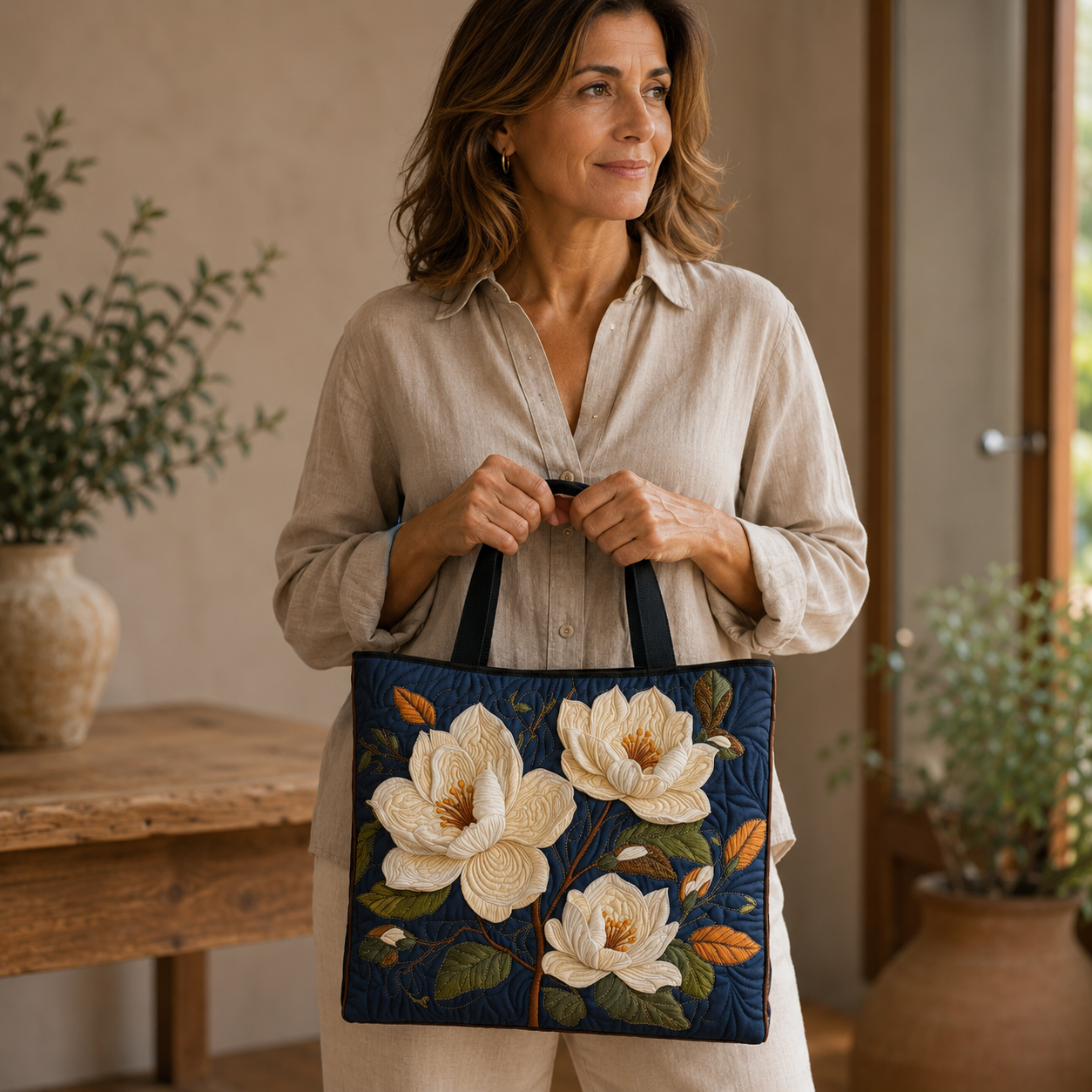 Embroidered Vintage Bag "Magnolias at Dusk" — Navy Blue