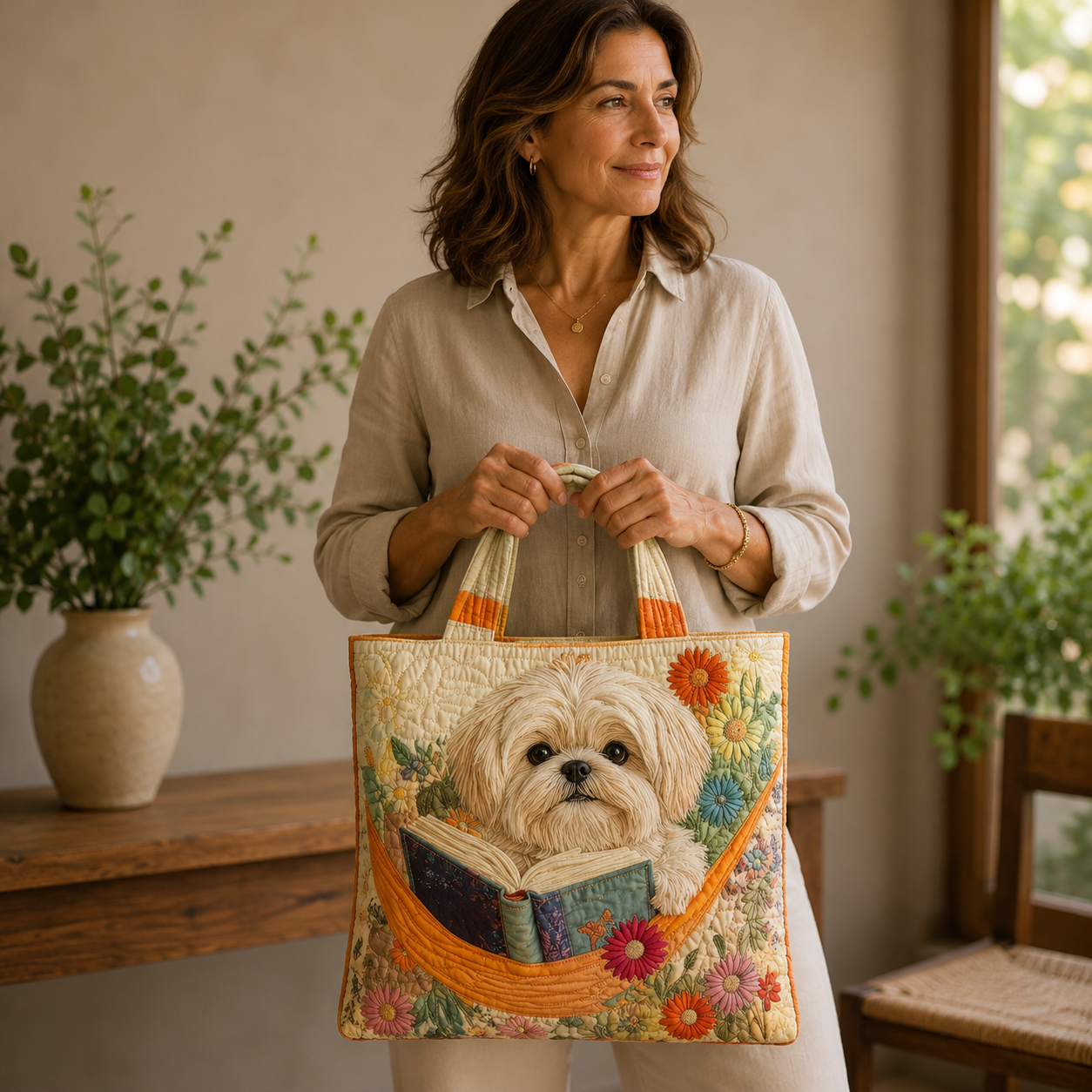 Handmade Bag | Shih Tzu with Books and Flowers