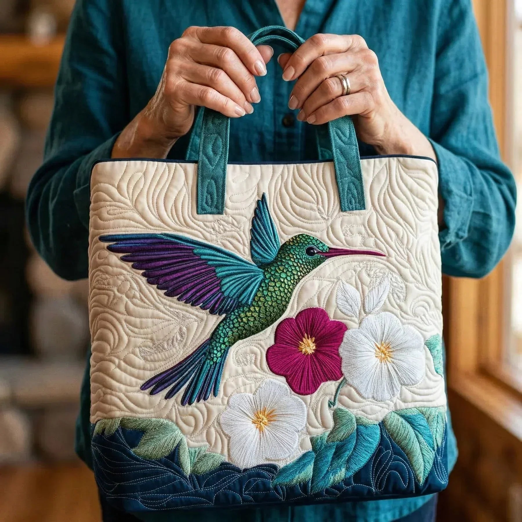 Embroidered Vintage Bag "Hummingbird and Hibiscus" — Tropical