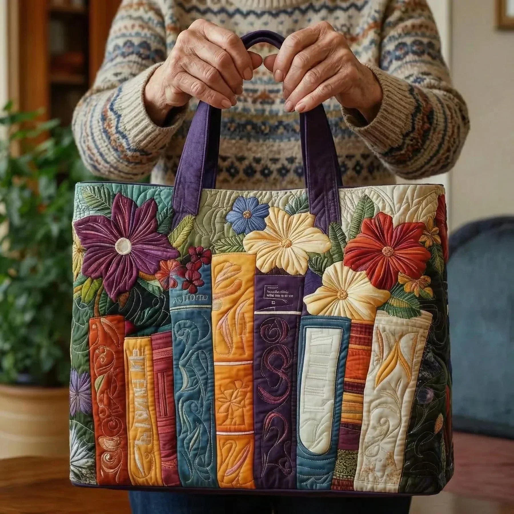 Embroidered Vintage Bag "Books and Hibiscus" — Literary