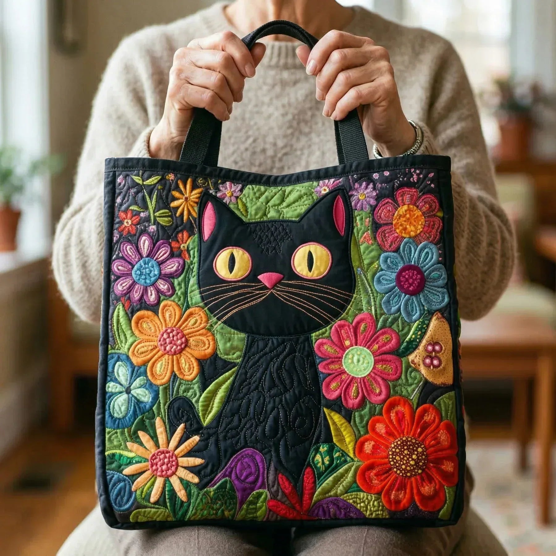 Embroidered Vintage Bag "Black Cat in Flowers" — Folk