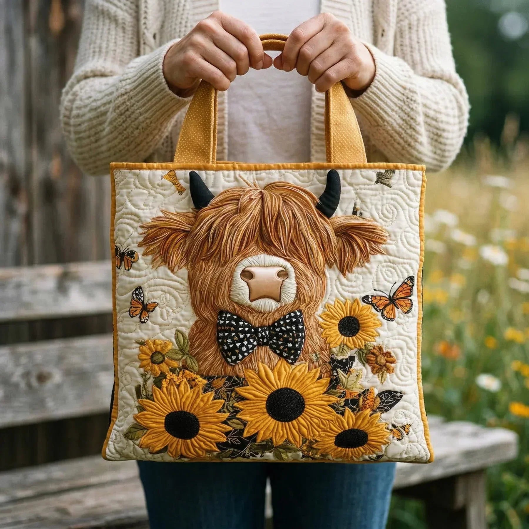 Embroidered Vintage Bag "Scottish Cow and Sunflowers" — Rustic
