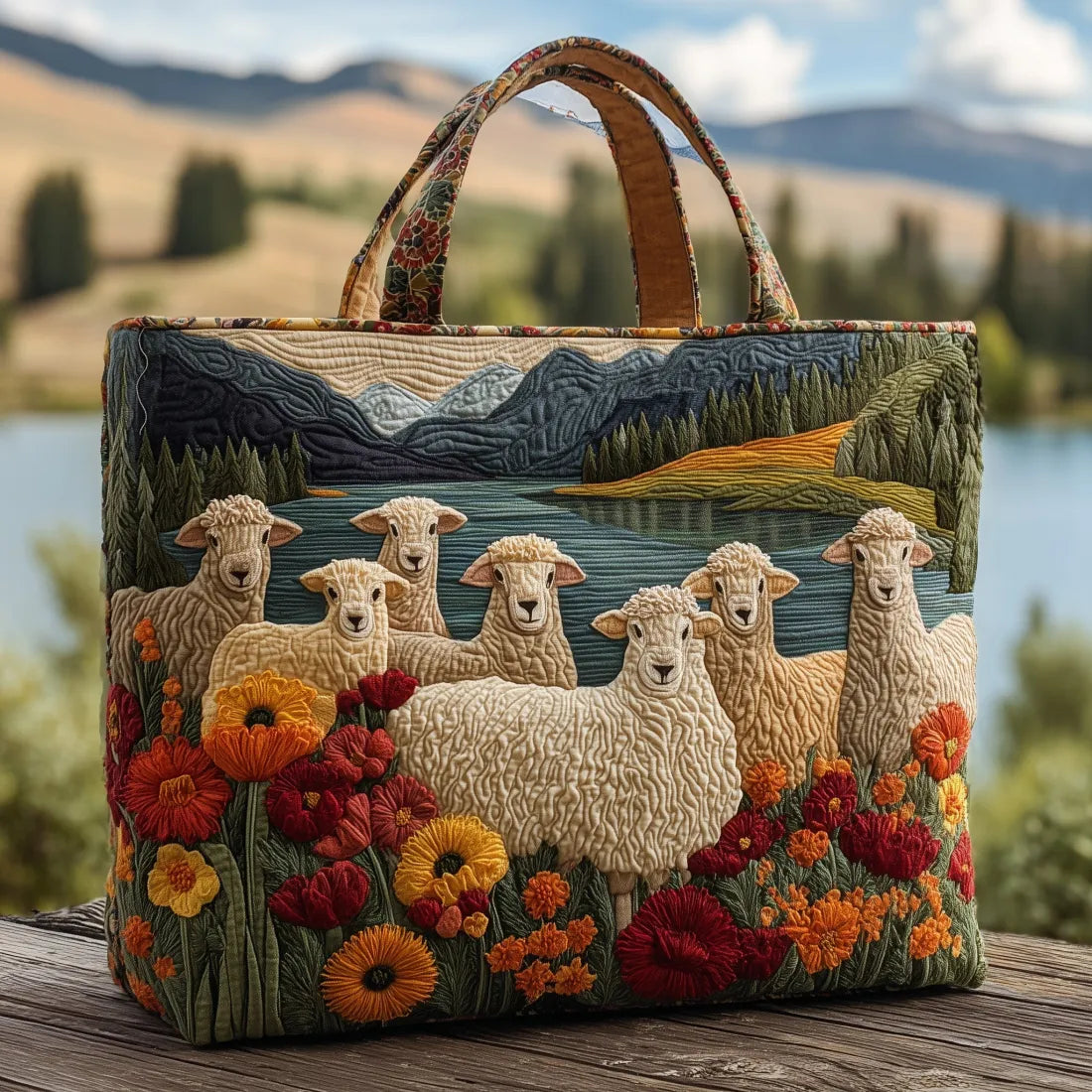 Embroidered Vintage Bag "Sheep by the Mountain Lake" — Scenic