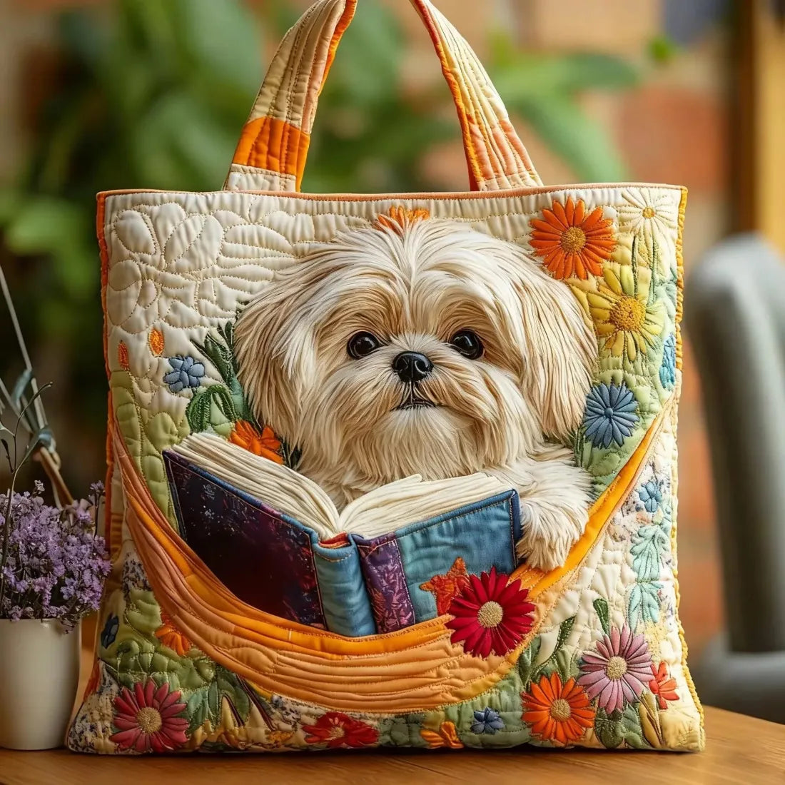 Handmade Bag | Shih Tzu with Books and Flowers