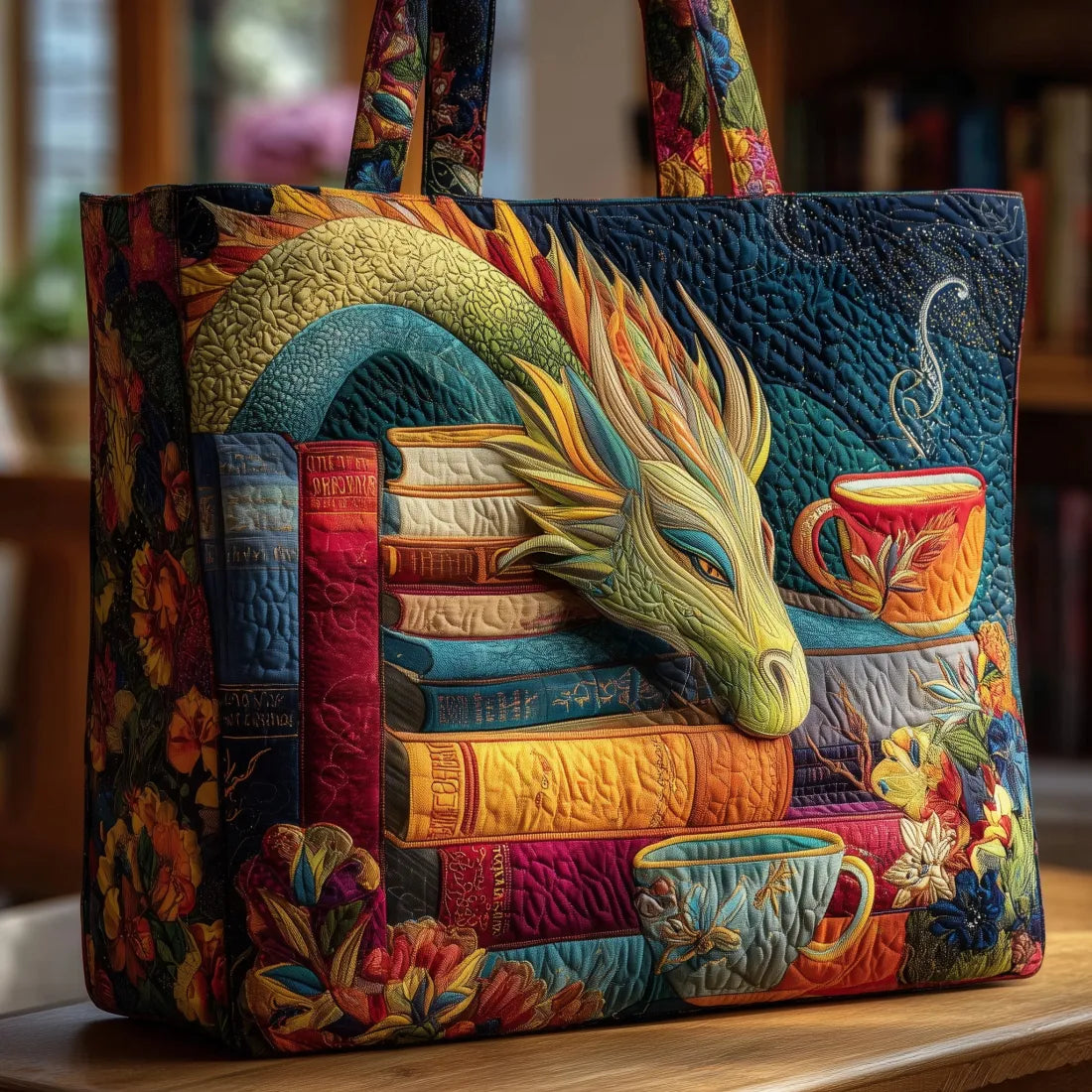 Embroidered Vintage Bag "Dragon, Books and Tea" — Magical