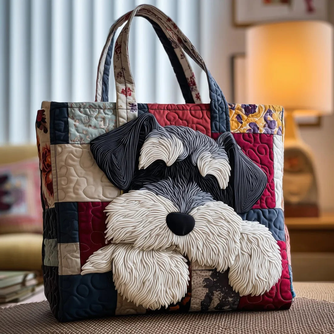 Embroidered Vintage Bag "Schnauzer on Patchwork" — Dog Beige