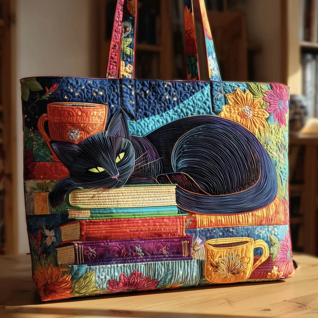 Embroidered Vintage Bag "Black Cat on Books" — Patchwork