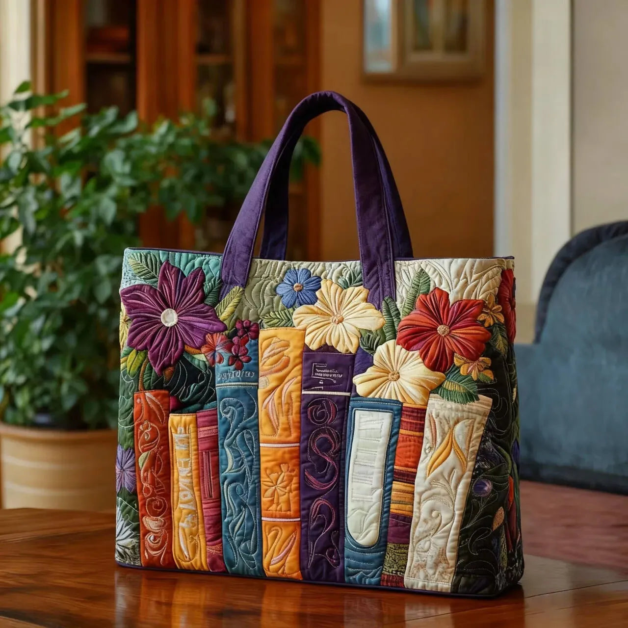 Embroidered Vintage Bag "Books and Hibiscus" — Literary