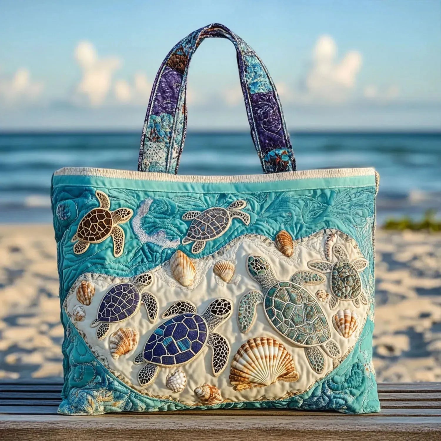 Vintage Embroidered Bag "Turtles and Shells" — Beach Bag