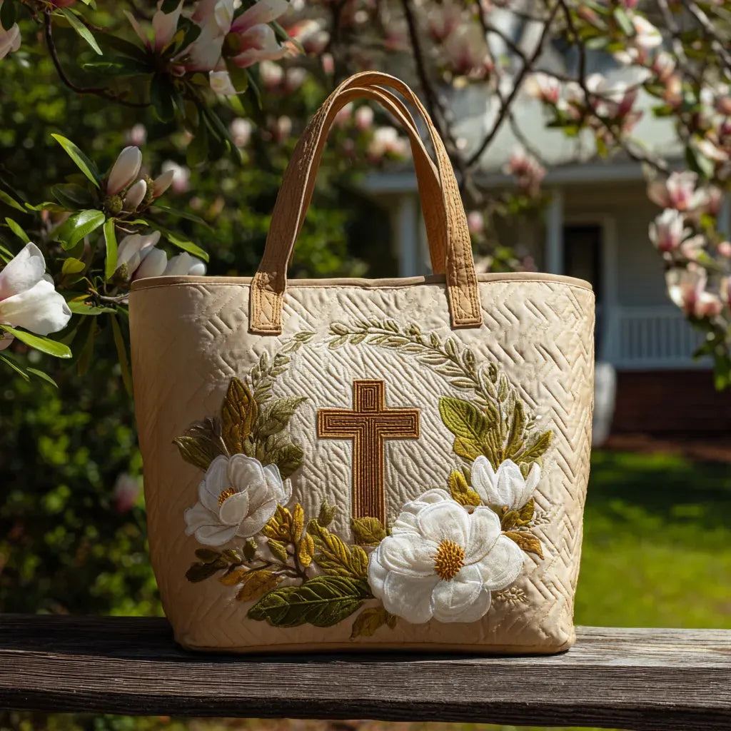Embroidered Vintage Bag "Cross and White Roses" — Sacred