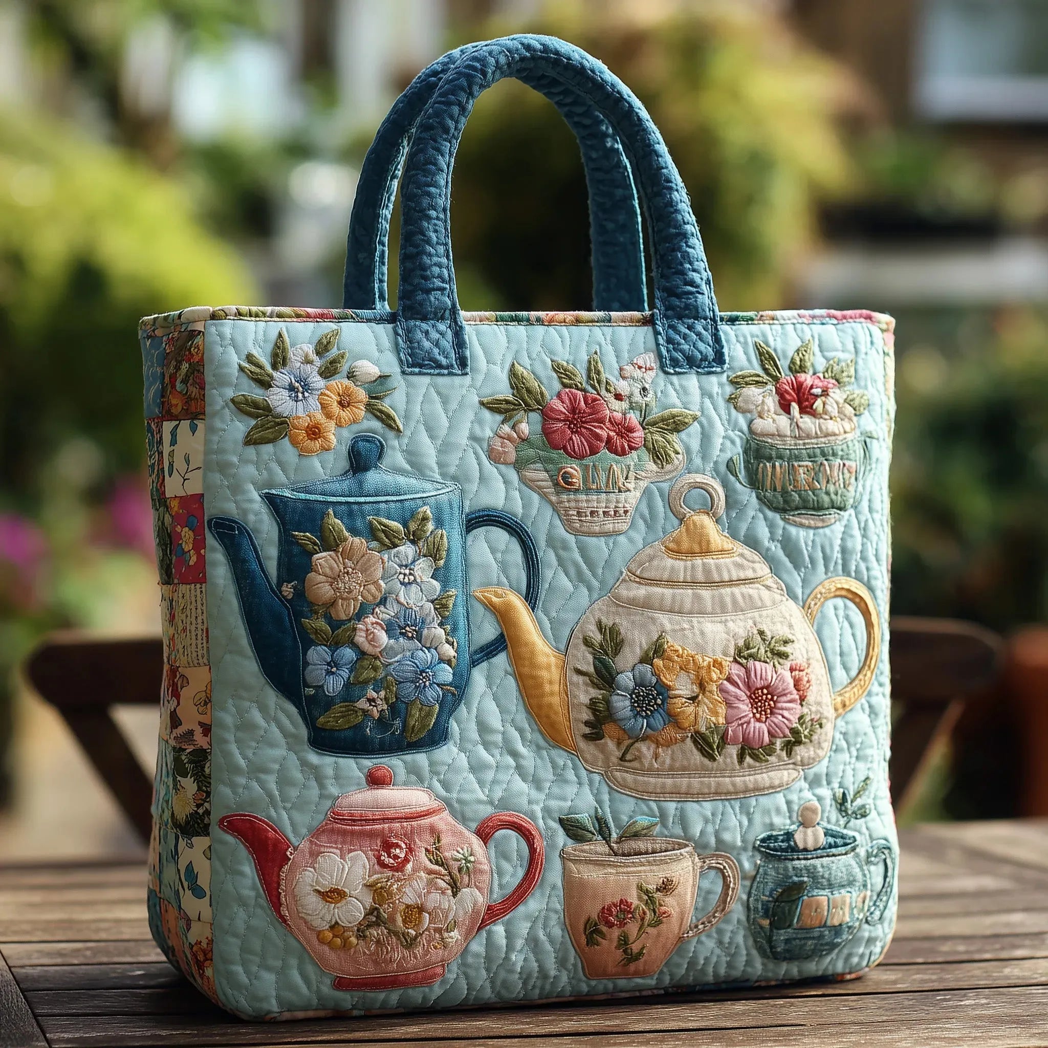 Embroidered Vintage Bag "Teapots in Flowers" — Tea