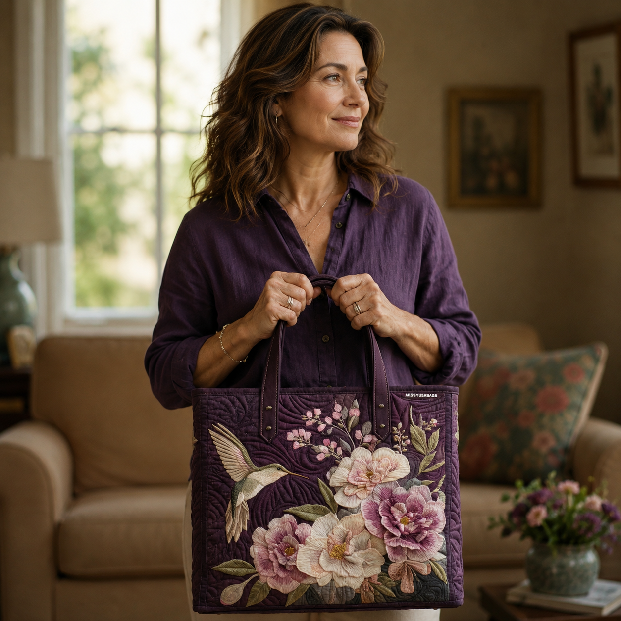 Embroidered Vintage Bag "Hummingbird and Peonies" — Burgundy