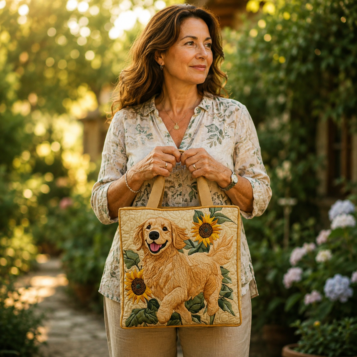Embroidered Vintage Bag "Golden Retriever and Sunflowers" — Summer