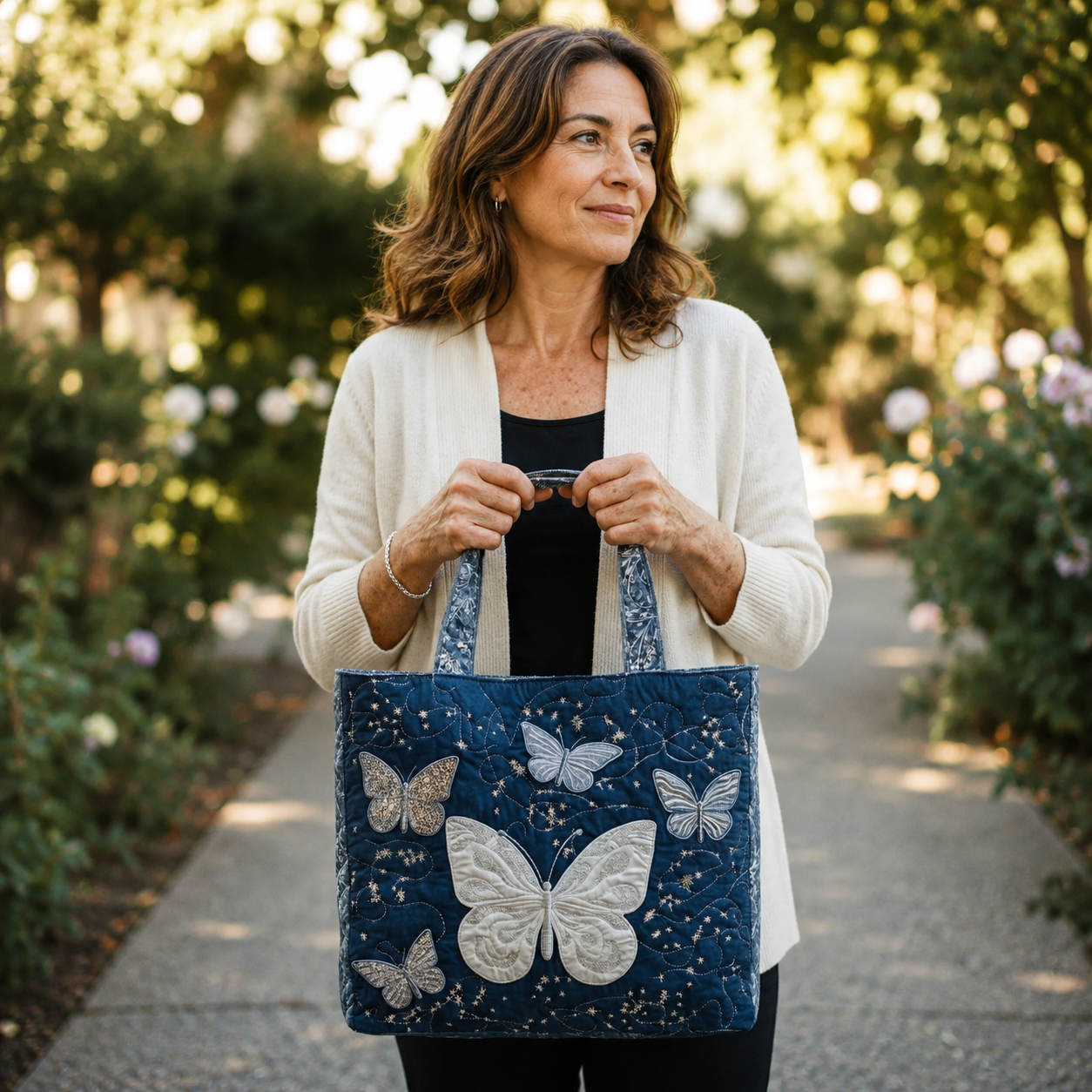 Embroidered Vintage Bag "White Butterflies" — Navy Blue