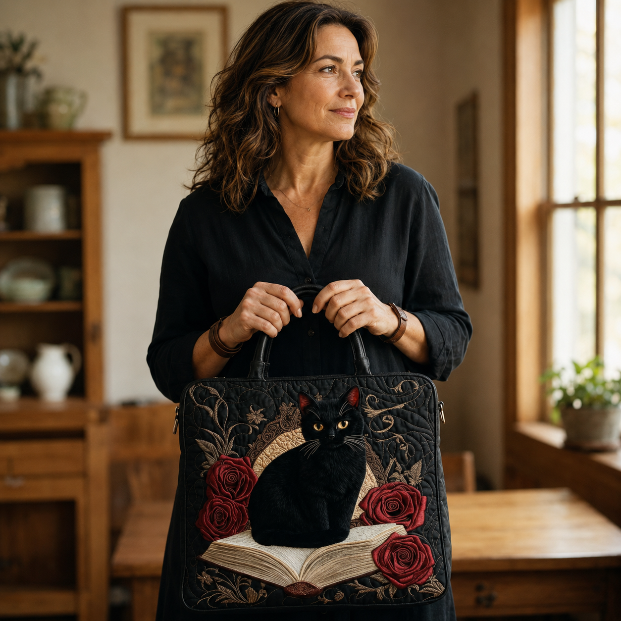 Embroidered Vintage Bag "Black Cat, Book, and Roses" — Gothic