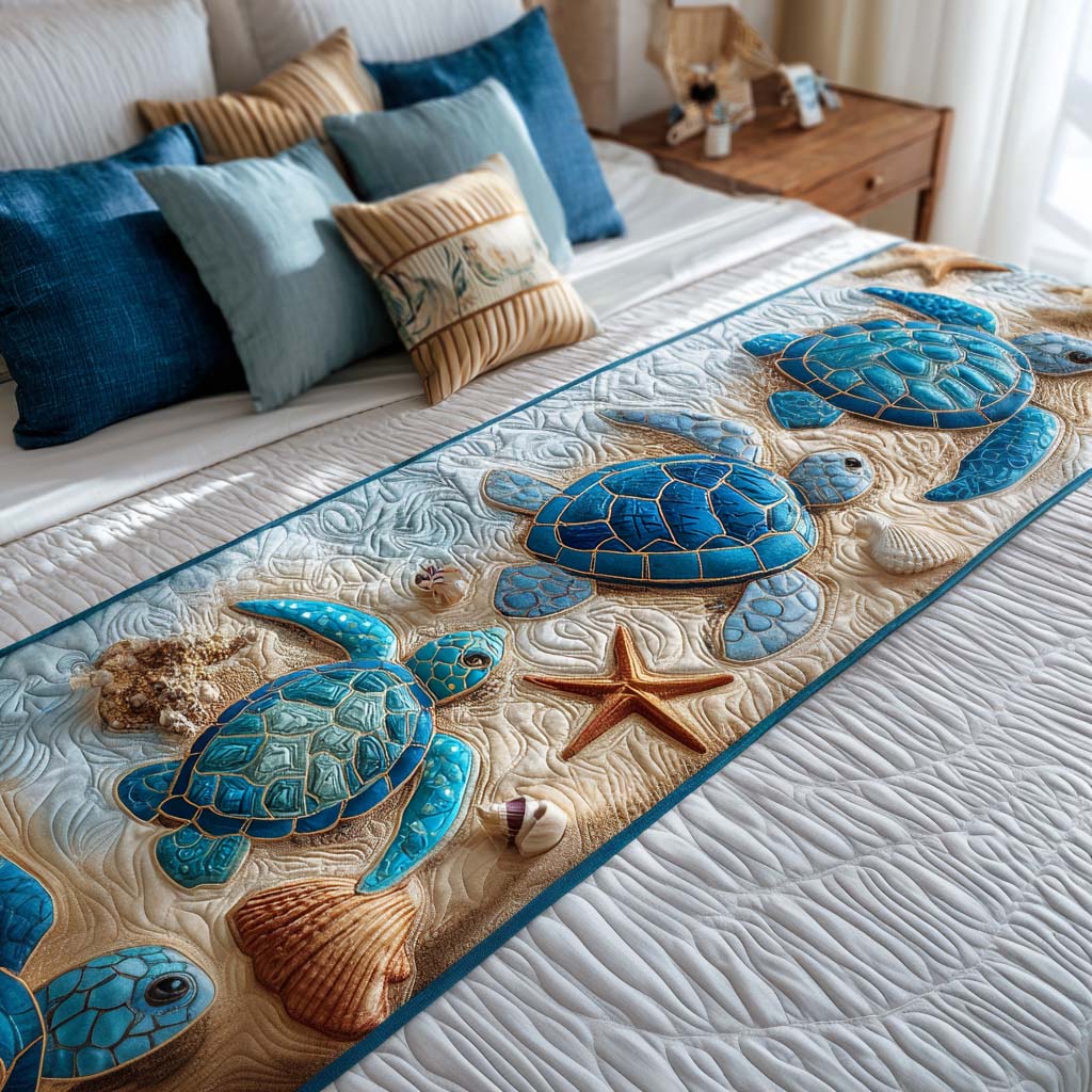 Quilted Bed Runner Peaceful Turtle Cove