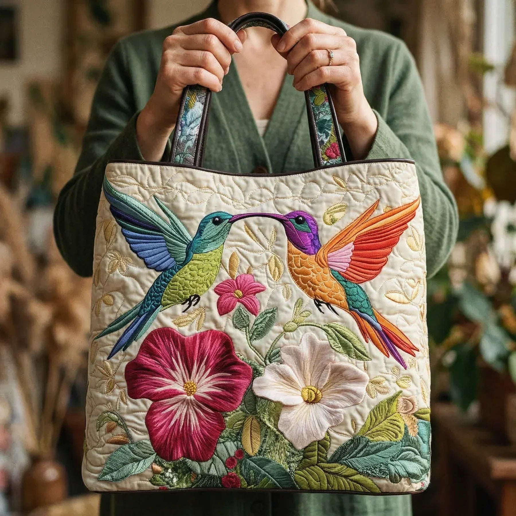 Embroidered Vintage Bag "Hummingbirds and Hibiscus" — Exotic