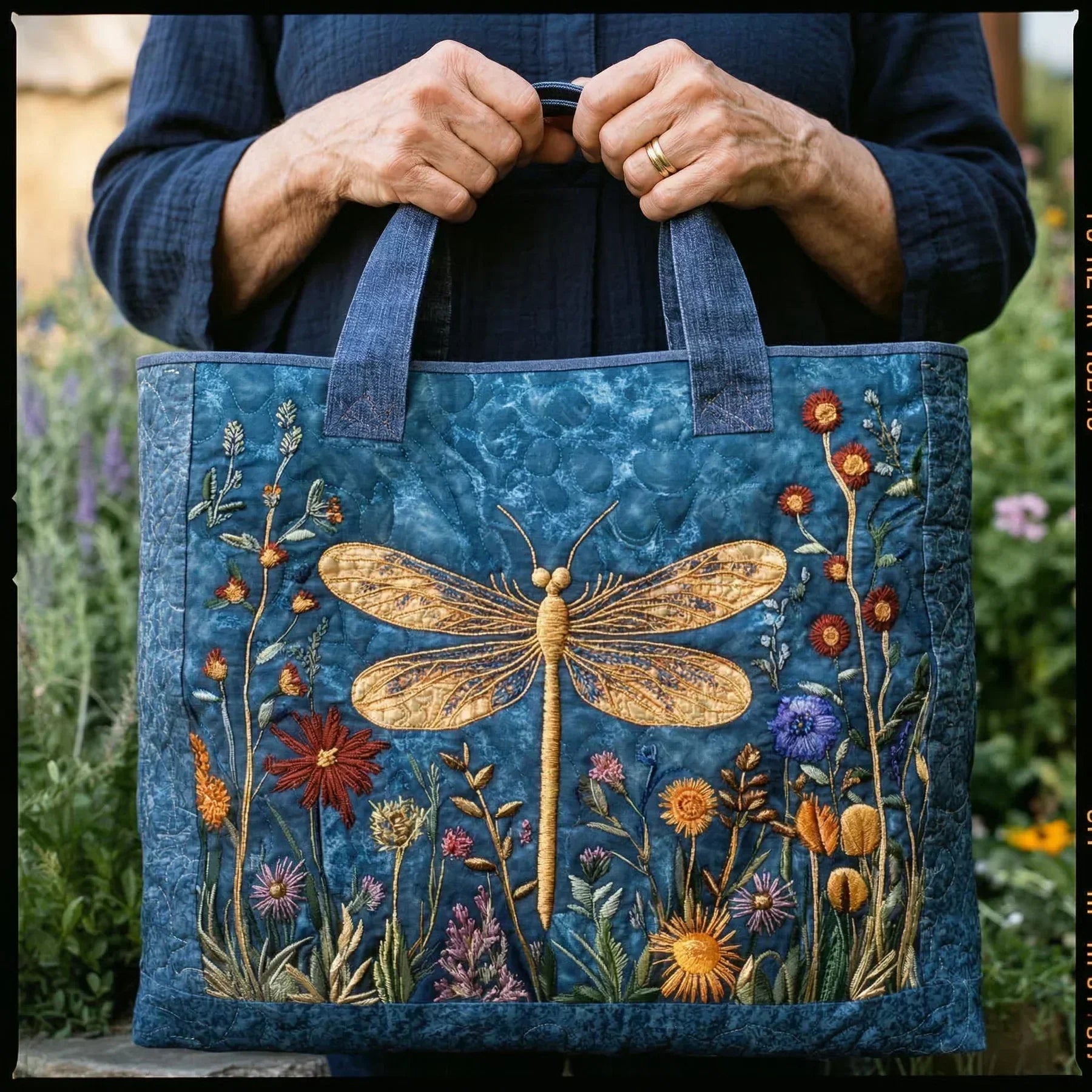 Embroidered Vintage Bag "Dragonfly in the Meadow" — Navy Blue
