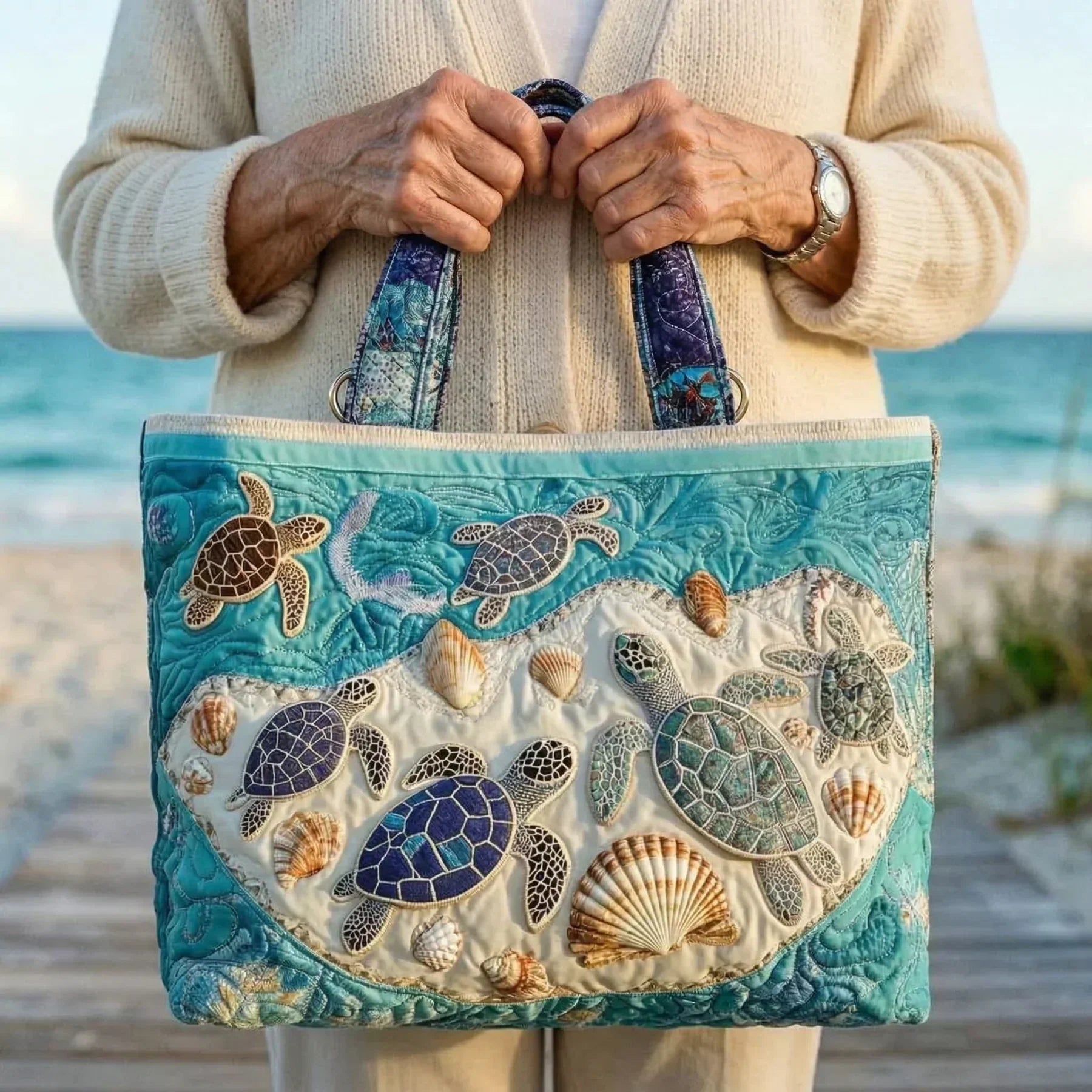 Vintage Embroidered Bag "Turtles and Shells" — Beach Bag