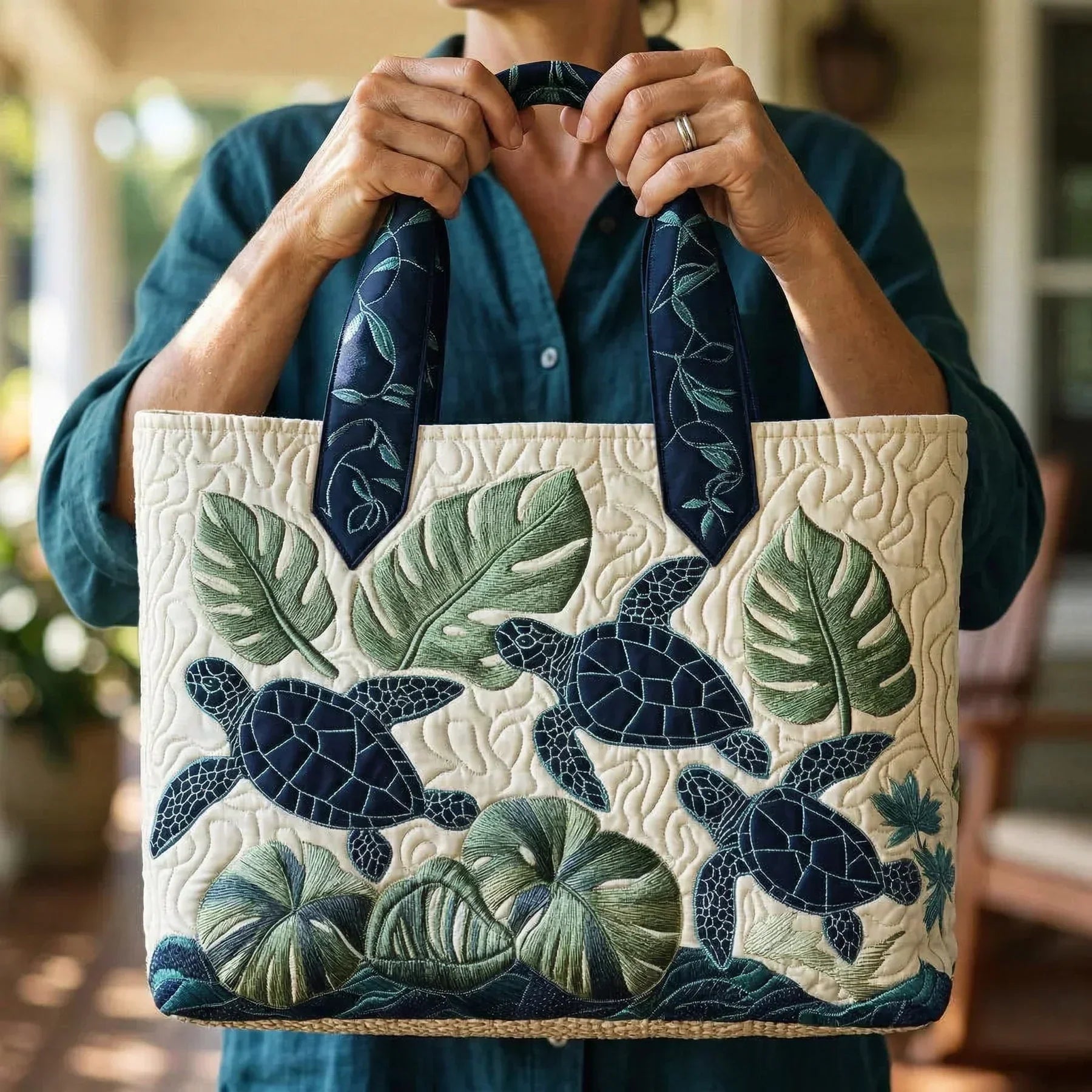 Embroidered Vintage Bag "Turtles and Monstera" — Tropical