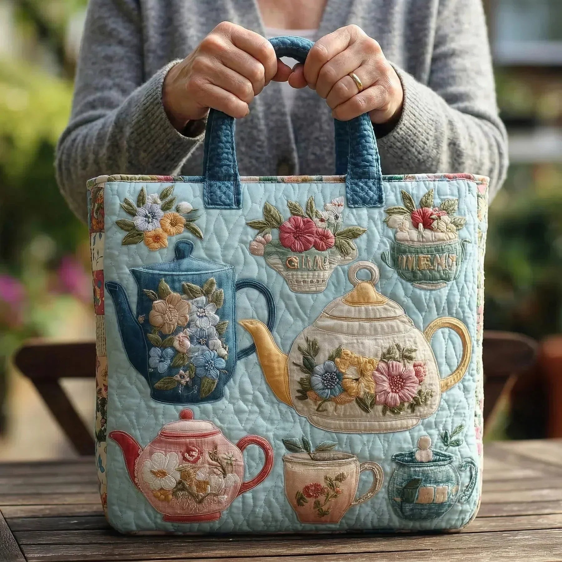 Embroidered Vintage Bag "Teapots in Flowers" — Tea