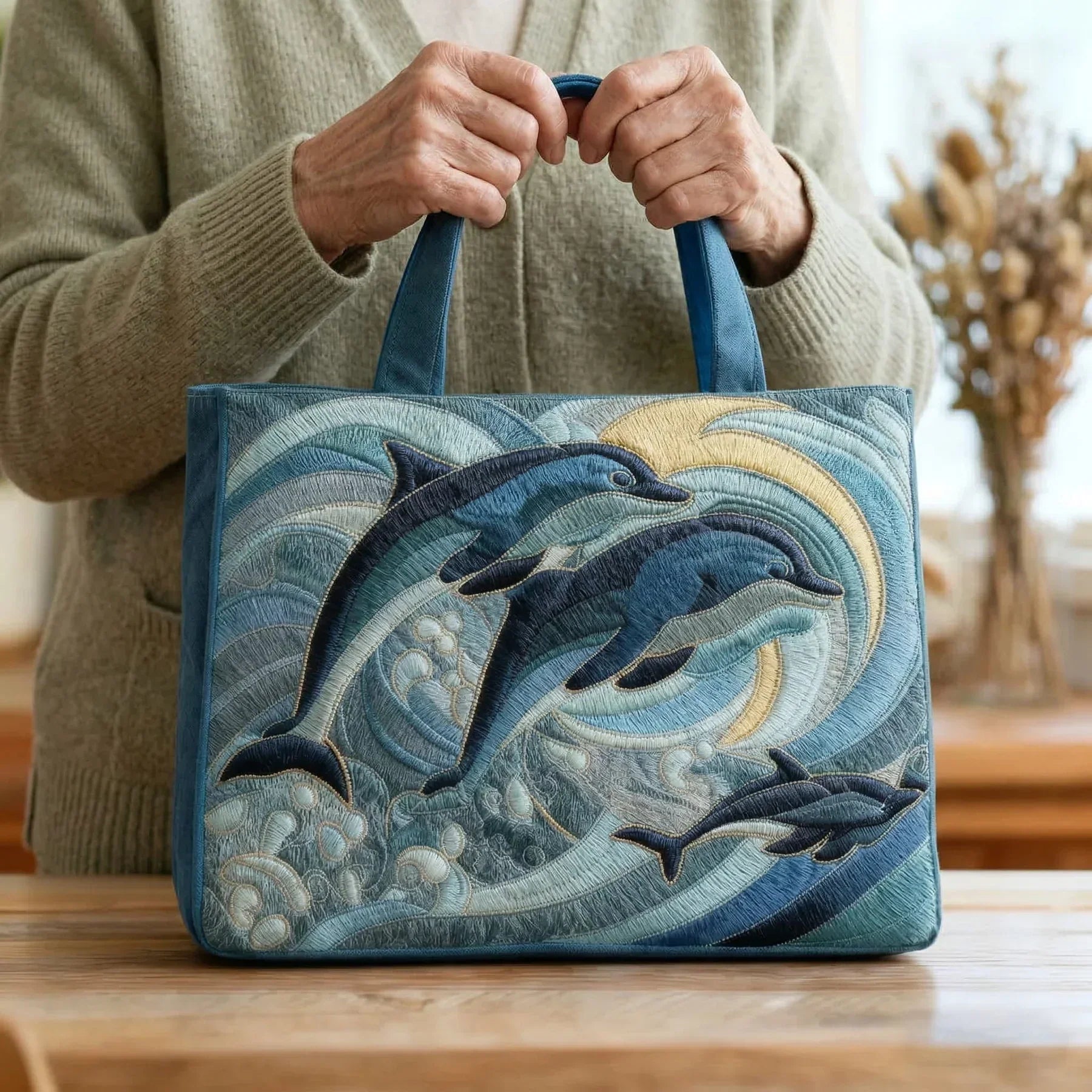 Embroidered Vintage Bag "Dolphins in Waves" — Marine