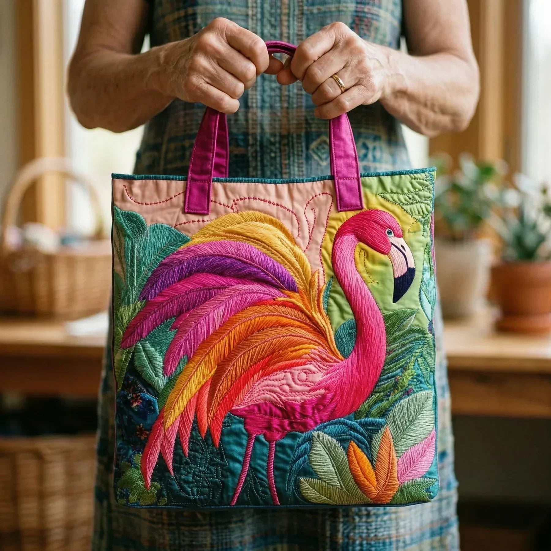 Embroidered Vintage Bag "Tropical Flamingo" — Coral