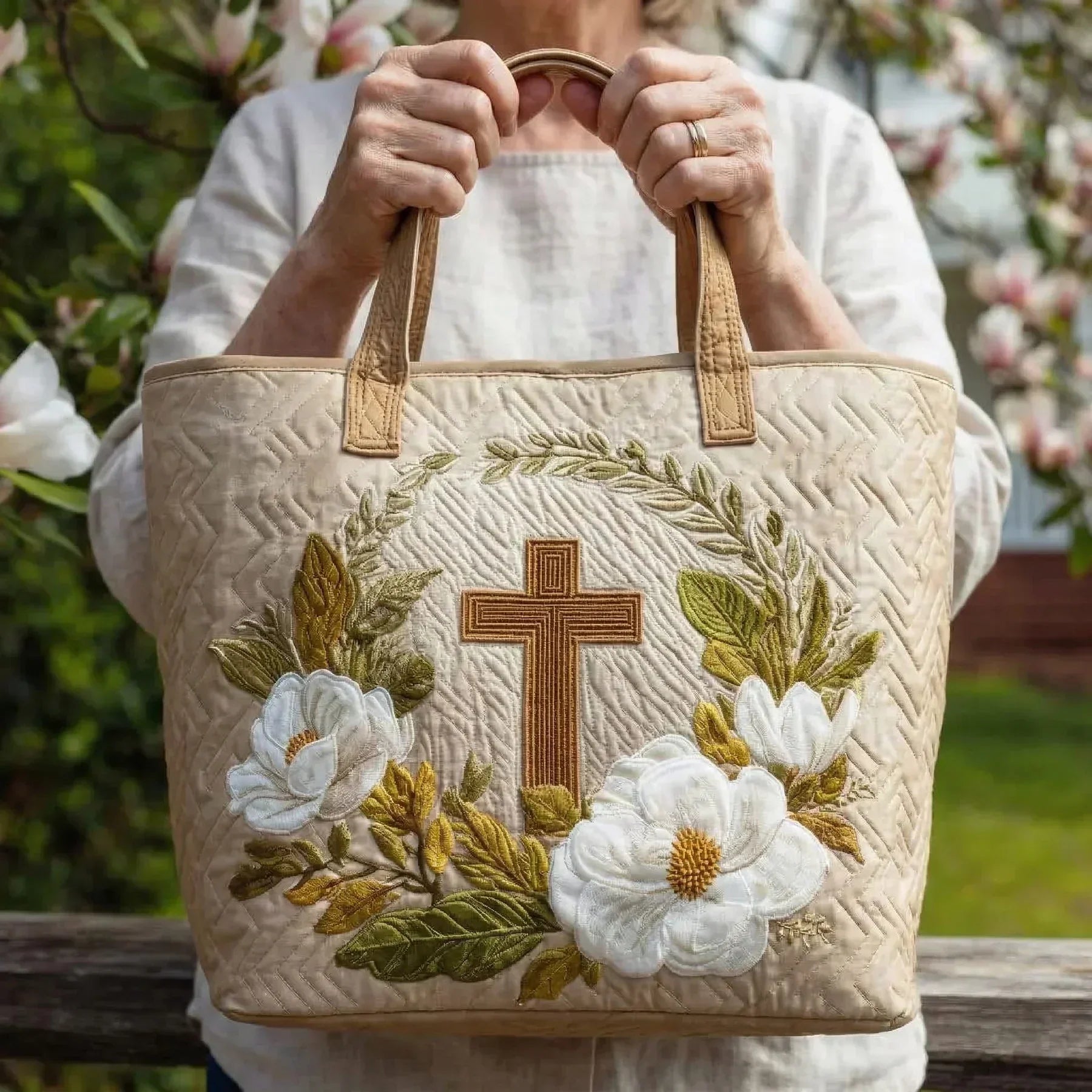 Embroidered Vintage Bag "Cross and White Roses" — Sacred