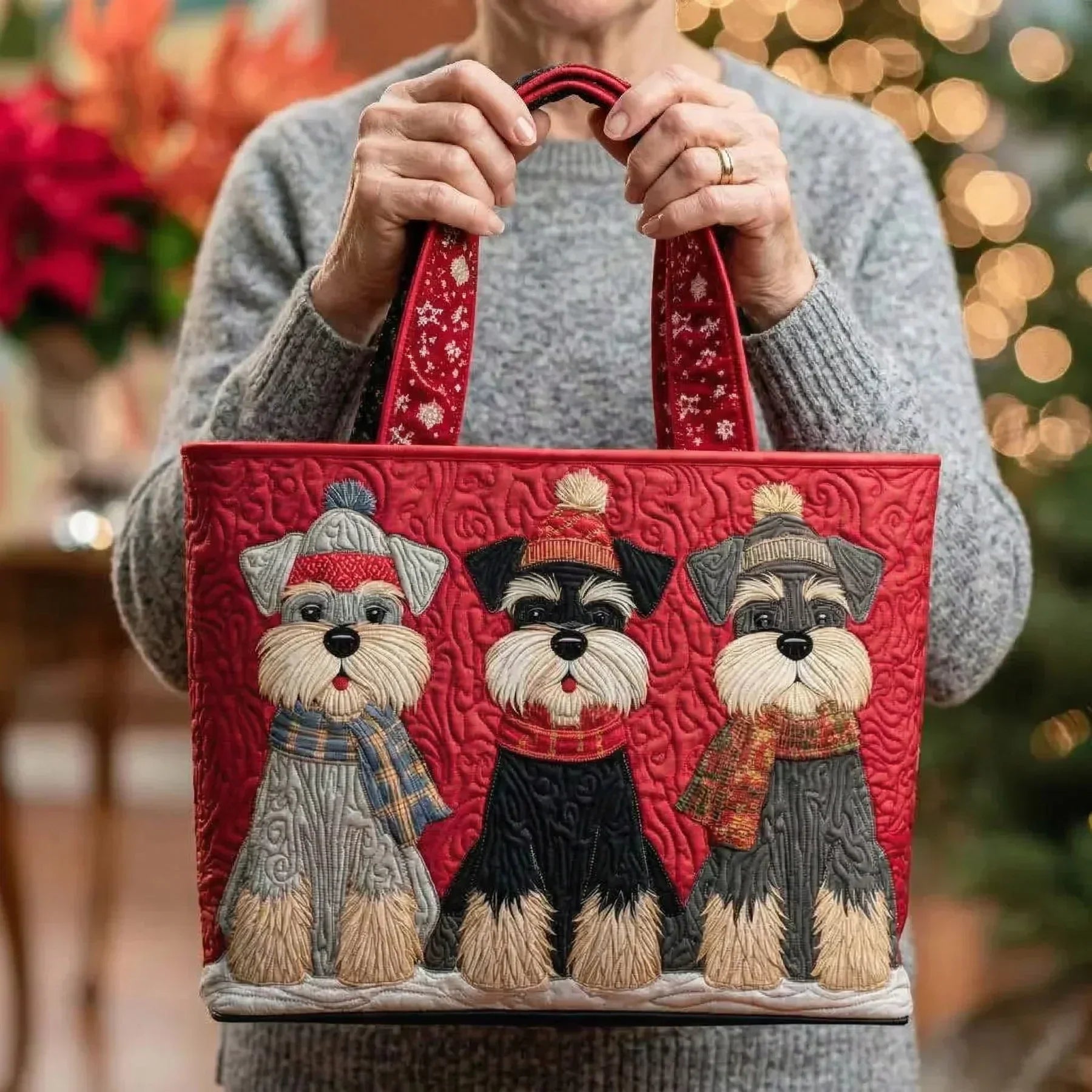 Embroidered Vintage Bag "Schnauzers in Hats" — Christmas